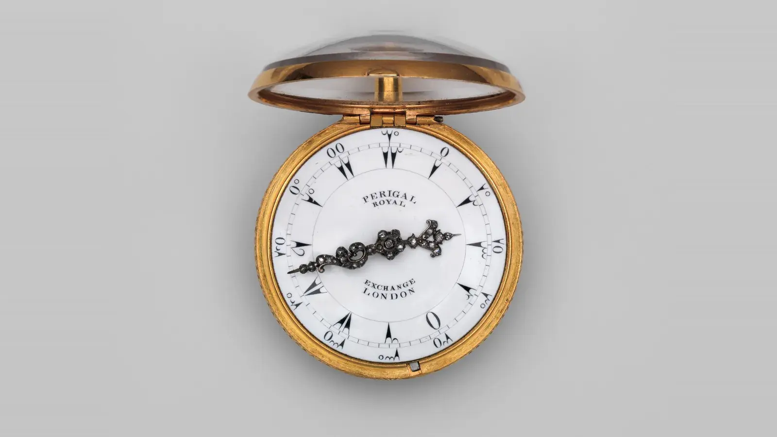 An eighteenth-century gold watch signed Perigal, Royal Exchange, London, its crystal hinged open above a white enamel dial